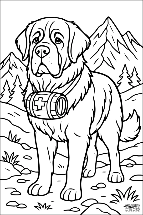 Coloring page featuring a rescue dog with a barrel collar standing in a mountainous landscape