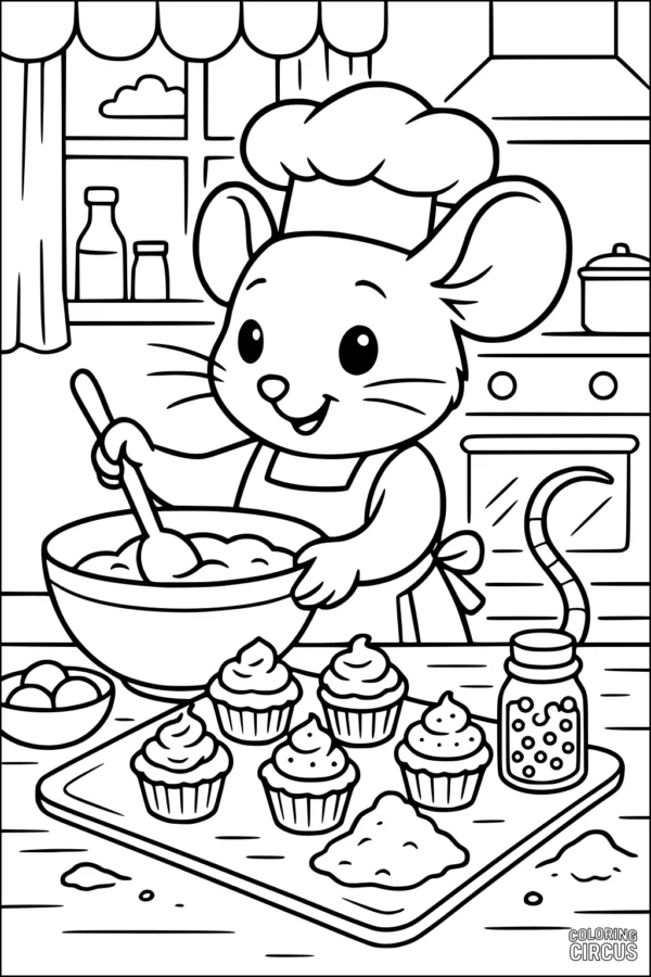Coloring page showing a cartoon mouse baking cupcakes in a cozy kitchen