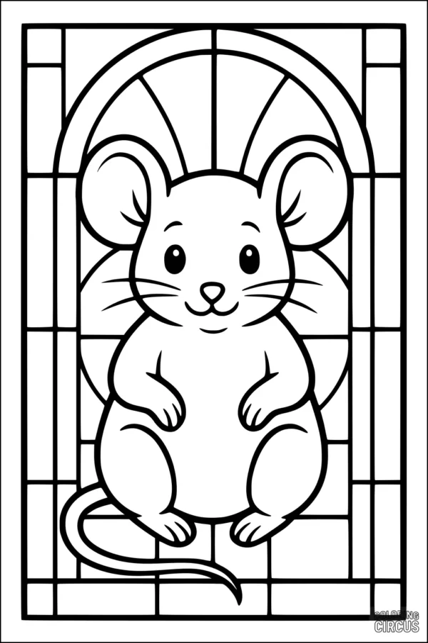 Coloring page featuring a cute cartoon mouse sitting in front of a decorative window frame