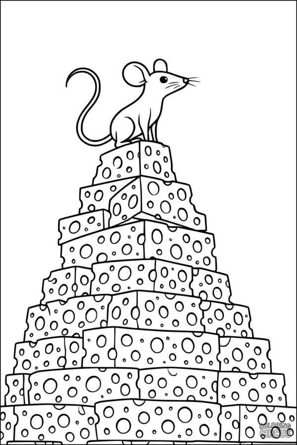 Coloring page featuring a cute mouse sitting on top of a tall pyramid of cartoon cheese blocks with holes
