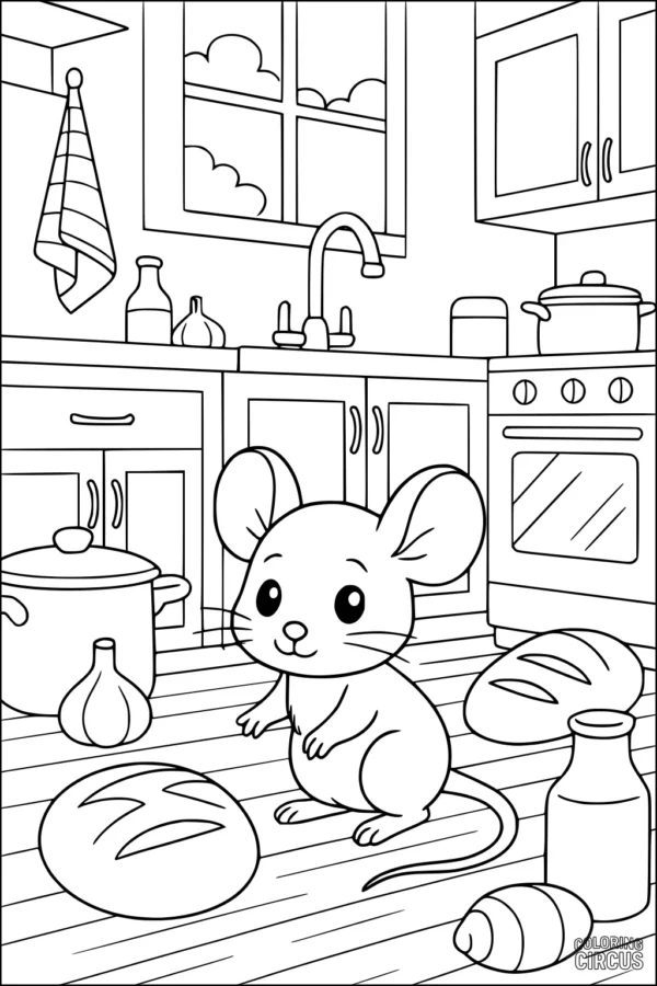 Coloring page showing a cute mouse in a kitchen with bread, bottles, and cooking pots