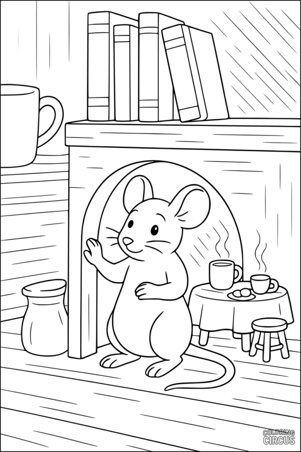 Coloring page of a cute mouse in a cozy mouse hole with a table, teacups, books, and simple furniture