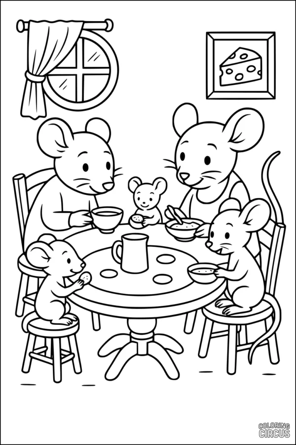Coloring page of a mouse family eating breakfast at a table in a cozy kitchen setting