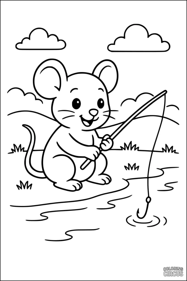Coloring page mouse fishing beside a pond under clouds