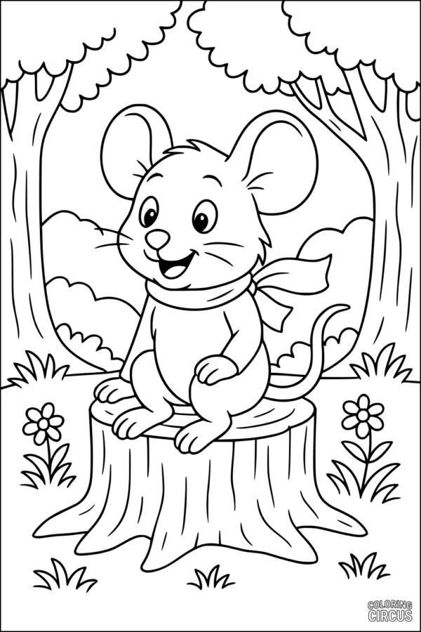 Coloring page featuring a cute mouse sitting on a stump in a forest with flowers and trees