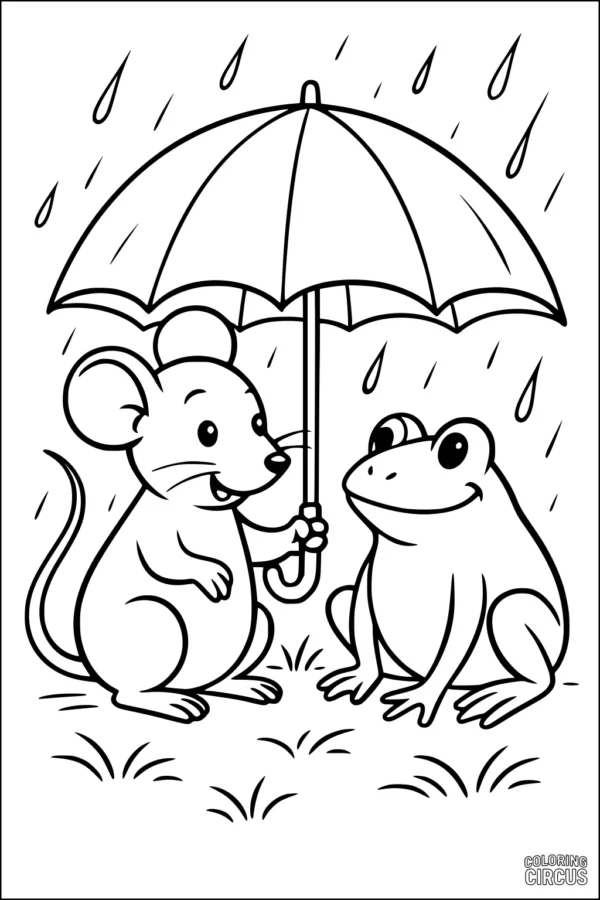 Coloring page of a cute mouse sharing an umbrella with a smiling frog in the rain