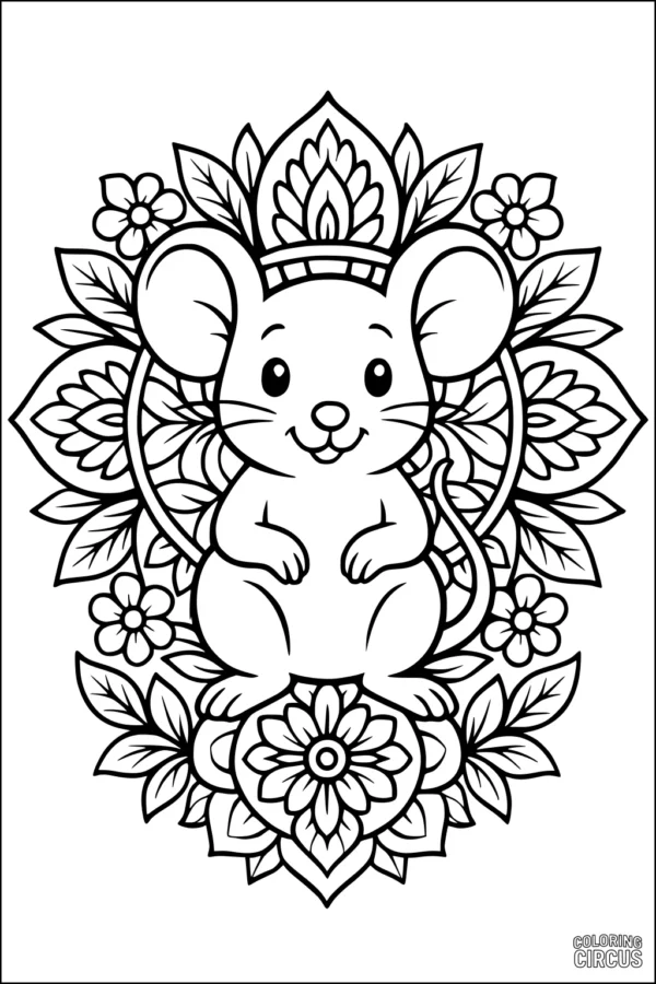 Coloring page featuring a cute cartoon mouse surrounded by decorative flowers and leaves