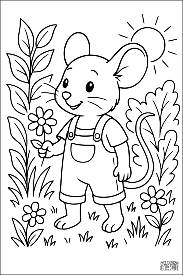 Coloring page with cartoon mouse in overalls holding a flower in a sunny garden