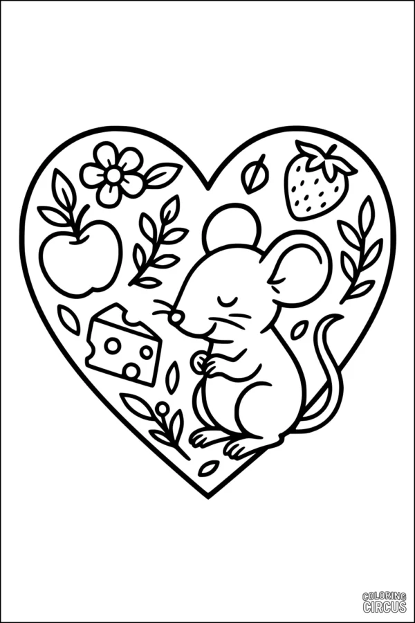 Coloring page of a cute mouse sitting in a heart shape, surrounded by fruit, leaves, cheese, and a flower