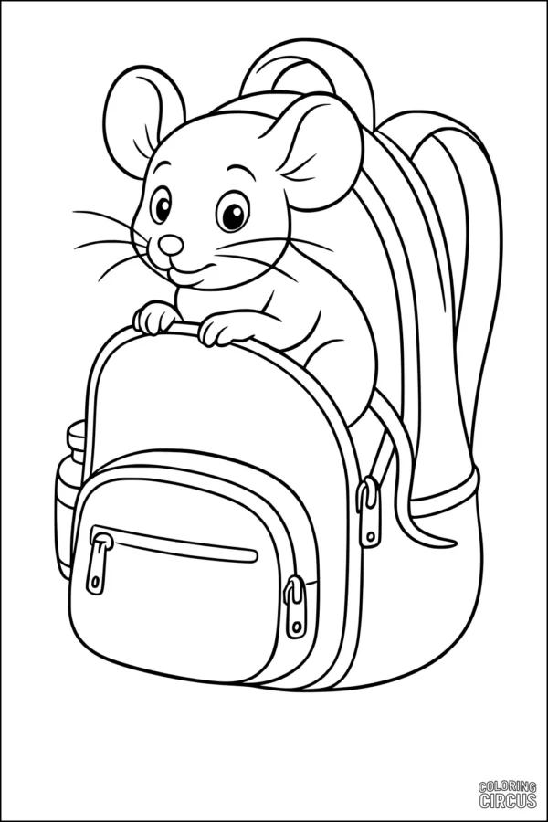 Coloring page showing a cute mouse sitting in a backpack