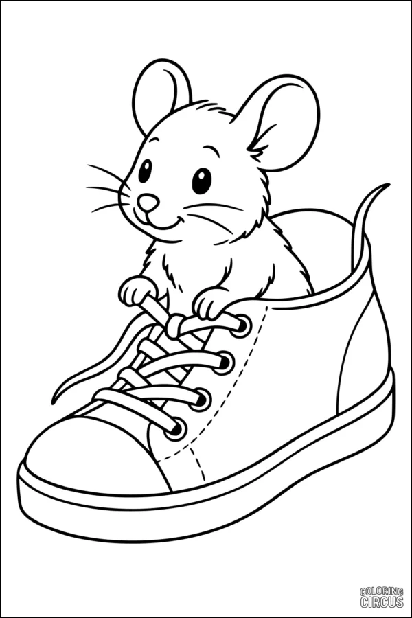 Coloring page featuring a cute mouse sitting inside a sneaker