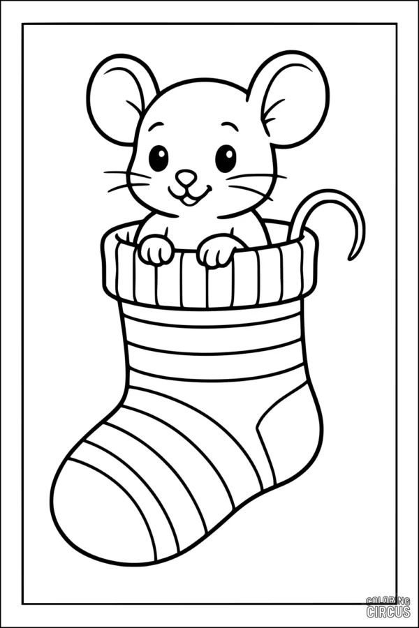 Coloring page showing a cute mouse peeking out from a striped sock for kids