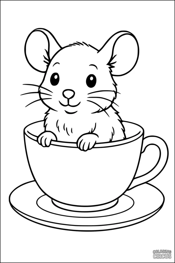 Coloring page of a cute mouse sitting in a teacup and saucer, perfect for kids