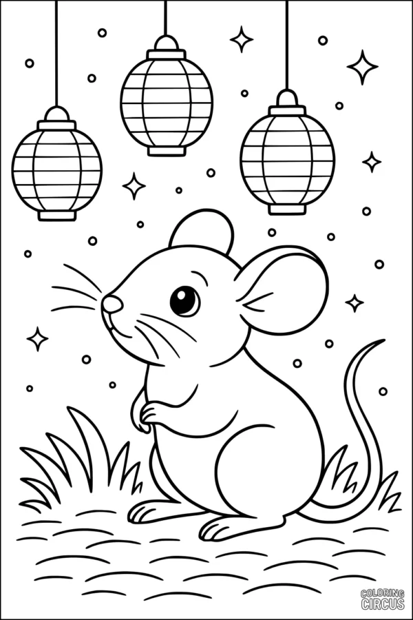 Coloring page of a cute mouse sitting in grass under three hanging lanterns and a starry night sky