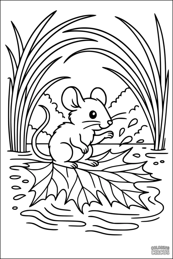 Coloring page featuring a cute mouse sitting on a leaf boat in a pond surrounded by grass