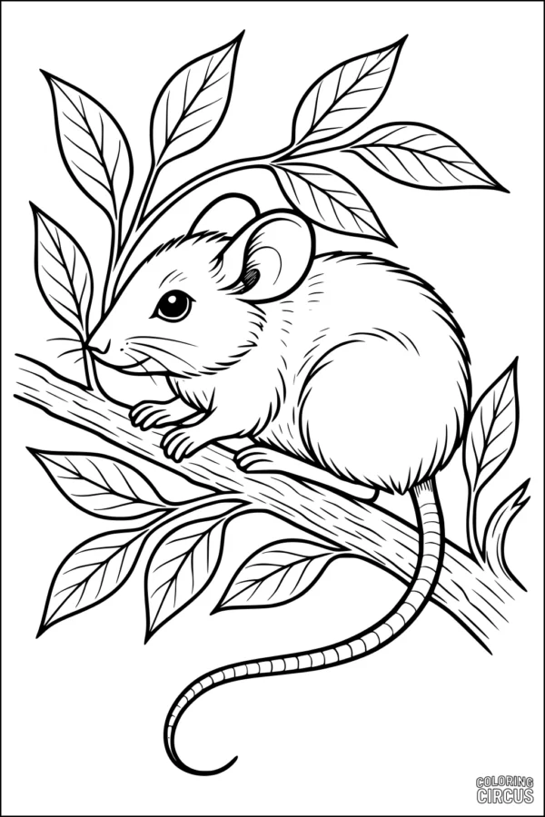 Coloring page showing a cute mouse sitting on a leafy tree branch