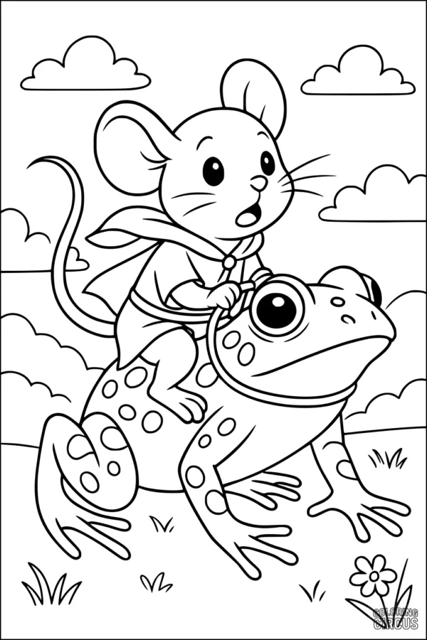 Coloring page showing a cute mouse with a cape riding on a spotted frog, set in a grassy meadow with clouds in the sky.