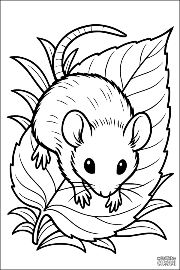 Coloring page showing a cute mouse sitting on large layered leaves