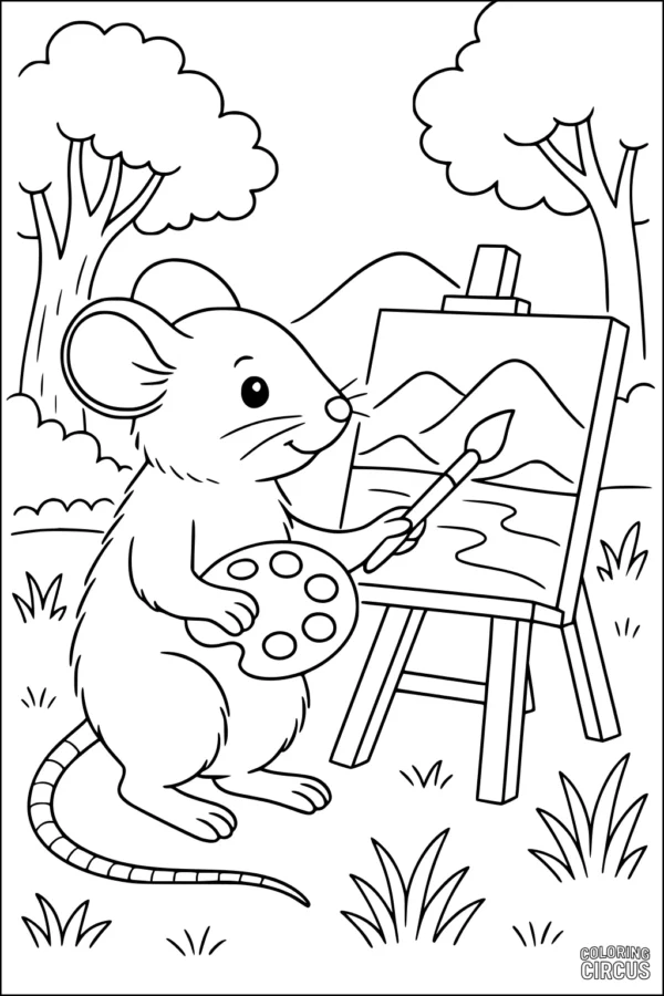 Coloring page mouse painting a mountain landscape outdoors
