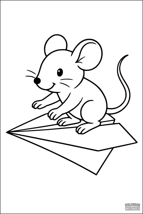 Coloring page mouse riding a paper plane for kids