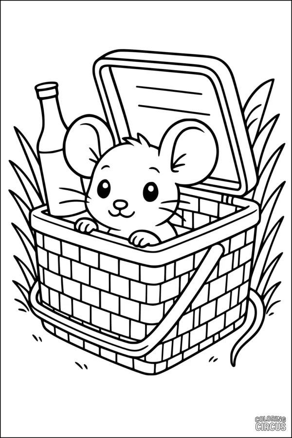 Coloring page featuring a cute mouse peeking out of a picnic basket with a bottle and grass