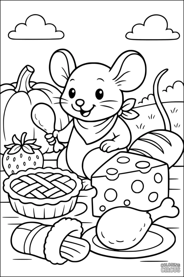 Coloring page friendly mouse at picnic with cheese, pie, drumstick, pumpkin, and strawberry under cloudy sky in meadow