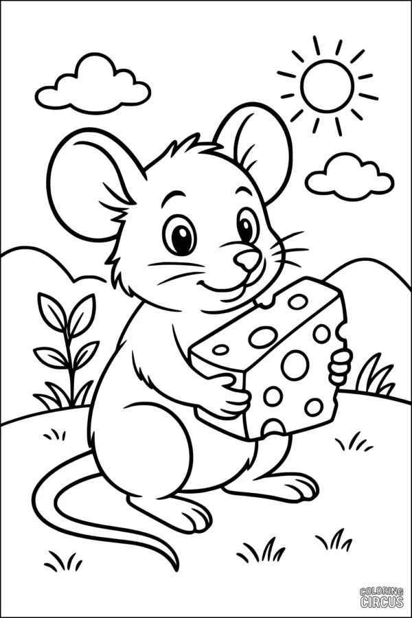Coloring page cartoon mouse holding cheese on grassy field under sun and clouds