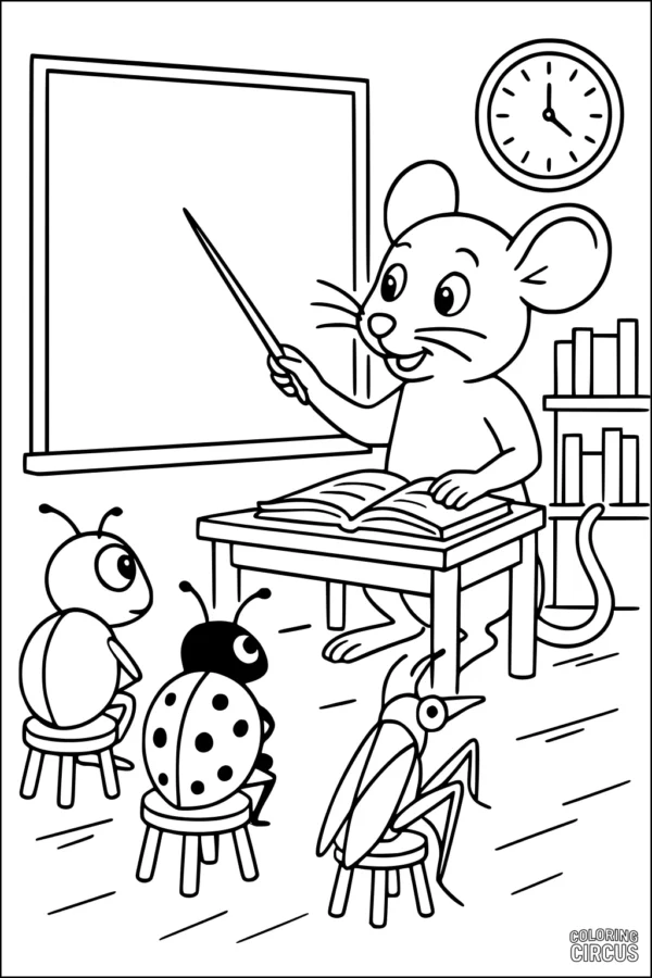 Coloring page Mouse teacher at desk with bug students in classroom