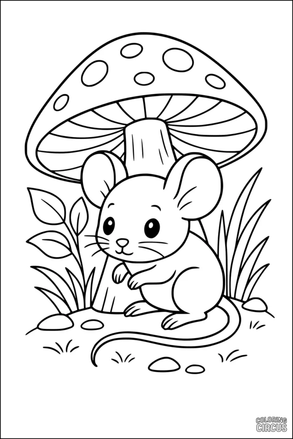 Coloring page featuring a cute mouse beneath a large spotted mushroom in a grassy forest setting.