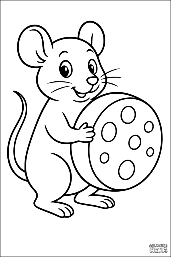 Coloring page of a cute cartoon mouse holding a big round cheese wheel