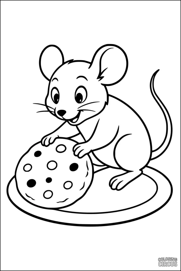 Coloring page of a cute mouse holding a cookie on a plate