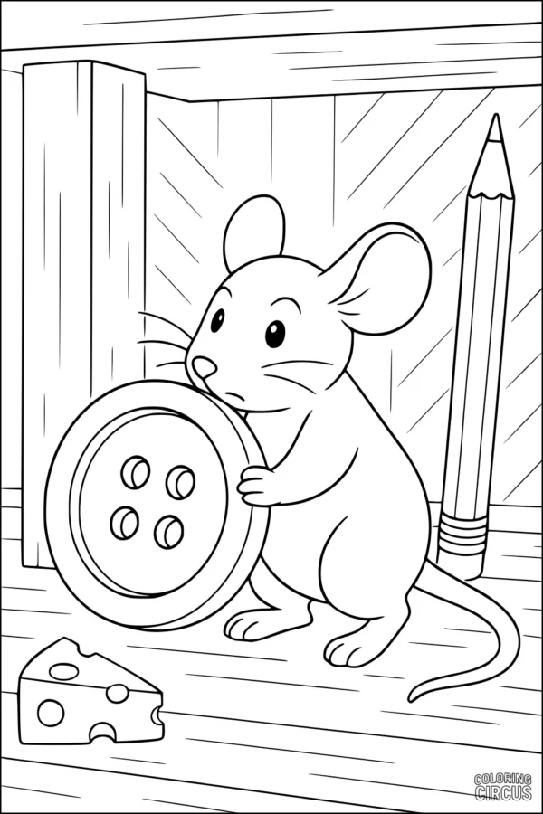 Coloring page featuring a cute mouse holding a large button with a cheese wedge and pencil nearby in a wooden room