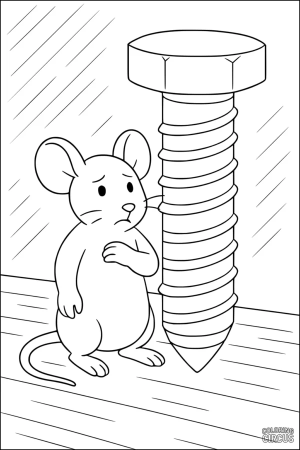 Coloring page showing a cartoon mouse and a giant screw indoors