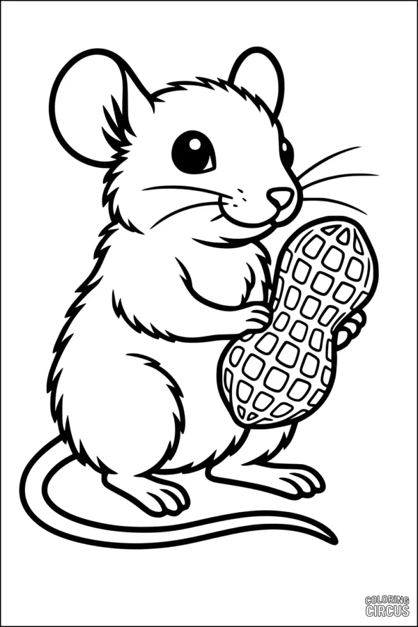 Coloring page of a cute mouse holding a peanut, perfect for young children