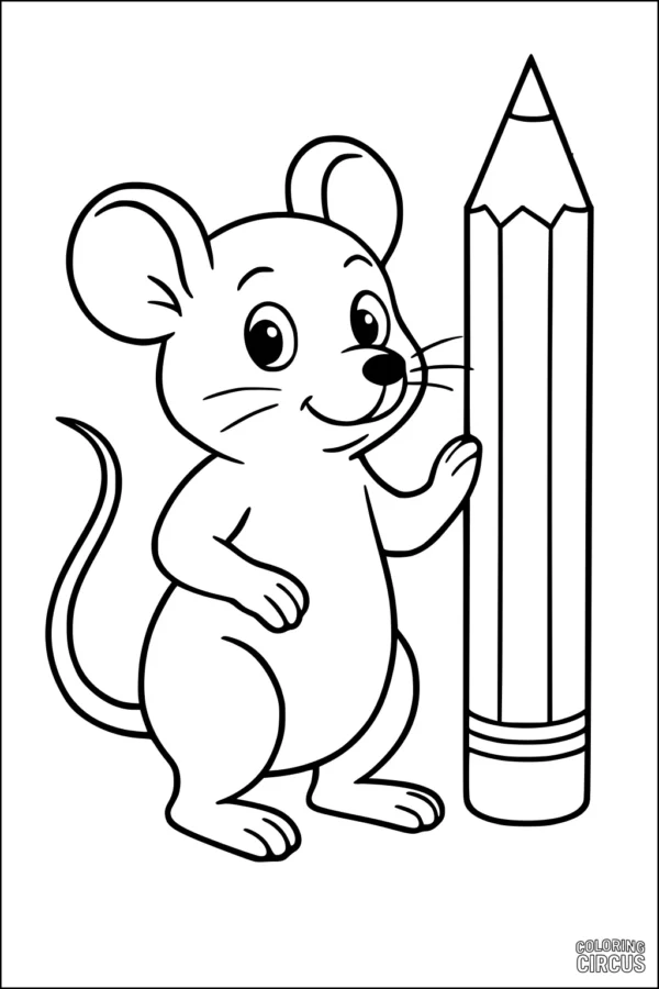Coloring page of a cute mouse standing by a giant pencil, simple cartoon style for young kids