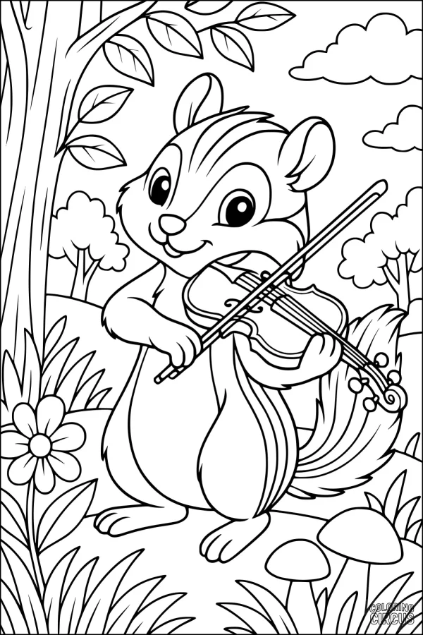 Coloring page of a smiling chipmunk playing violin in a forest with flowers, trees, and mushrooms
