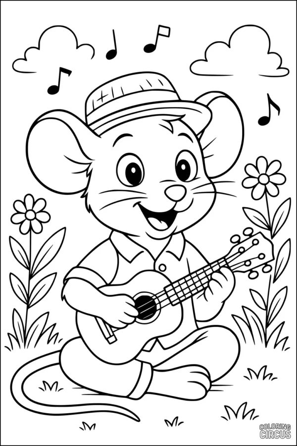 Coloring page of a cute mouse wearing a hat and playing a guitar, surrounded by flowers, clouds, and music notes.