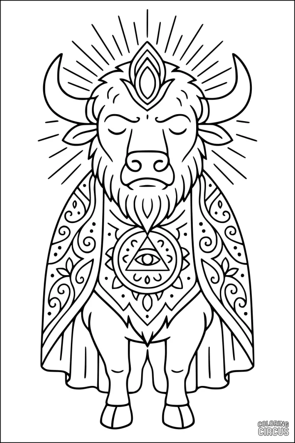 Coloring page featuring a buffalo with ornate magical robe and mystical symbols