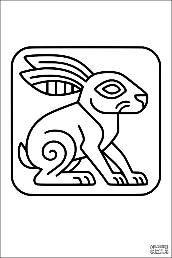 Coloring page of a stylized hare with bold lines and whimsical patterns