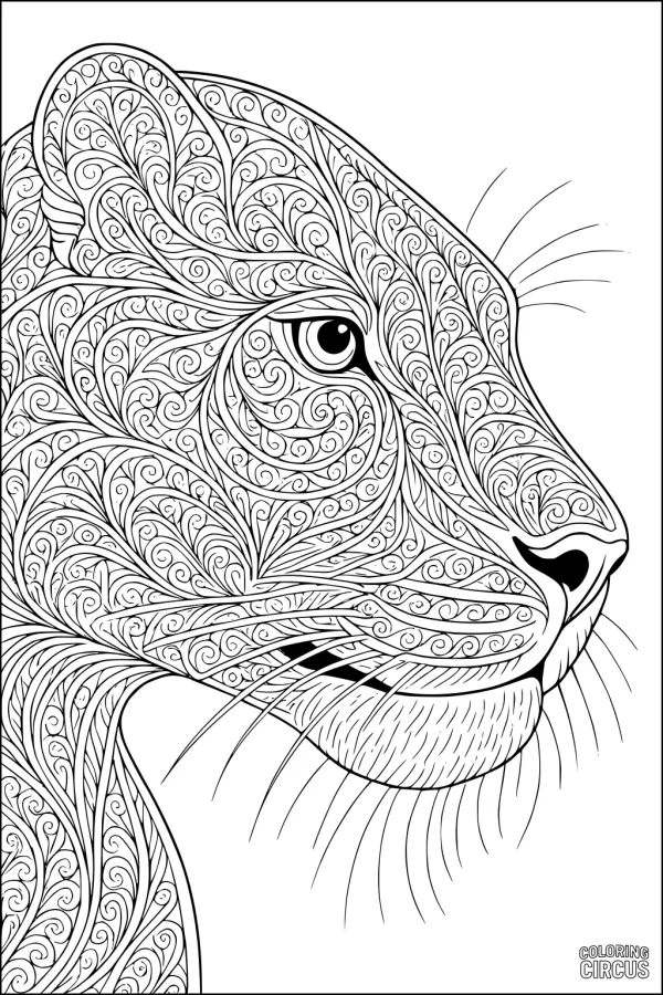 Coloring page of an ornate panther head with intricate swirling patterns