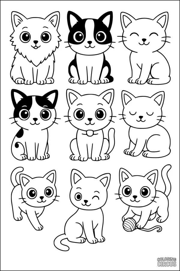 Coloring page featuring nine cute cartoon cats sitting and playing