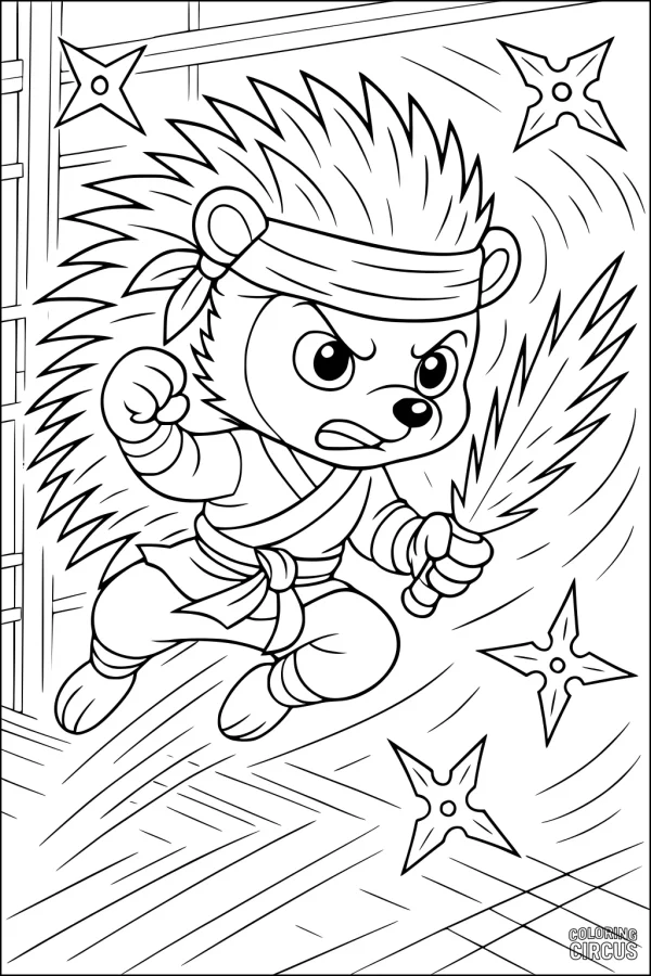 Coloring page featuring a ninja hedgehog jumping with a feather sword and dodging throwing stars in a dojo setting.