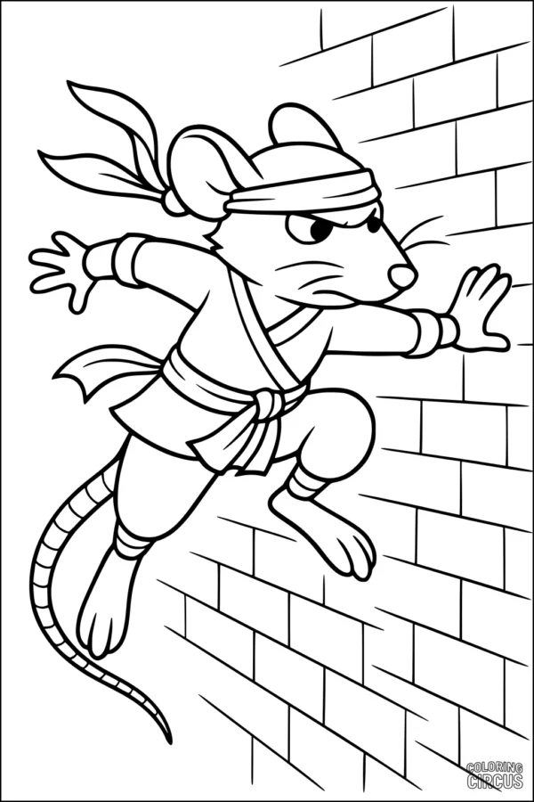 Coloring page of a ninja rat climbing a brick wall, wearing a headband and sash