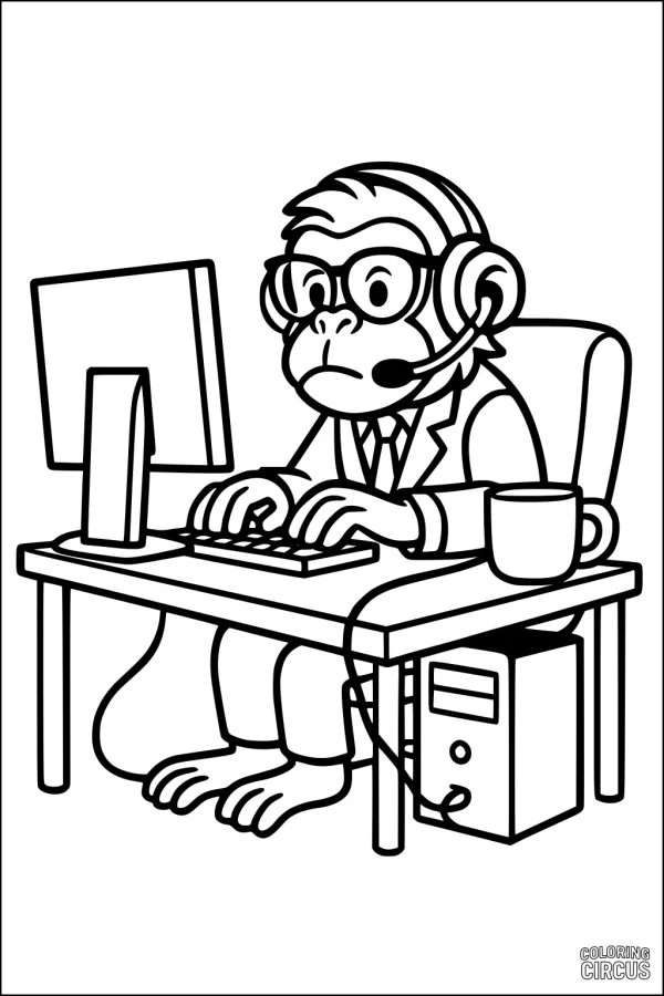 Coloring page featuring a monkey in suit with headset at a computer desk