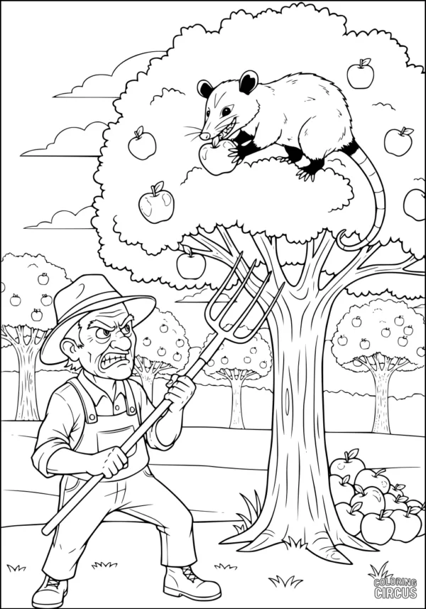 Coloring page featuring an opossum eating apples in a tree with an upset farmer below