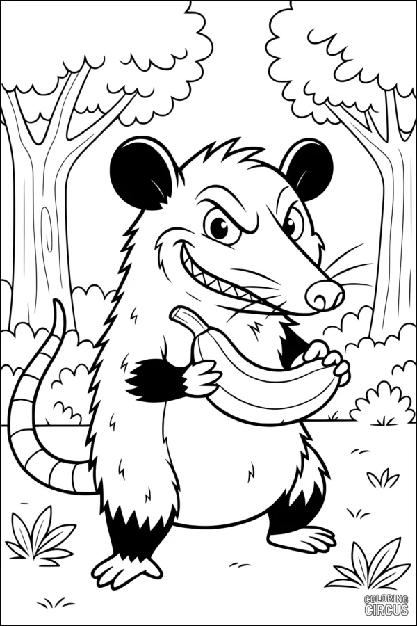 Coloring page featuring a cartoon opossum holding a banana in a forest