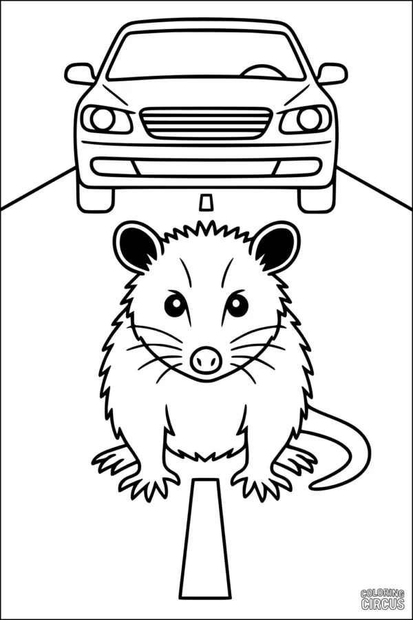 Coloring page featuring a cartoon opossum standing on a roadway with a car behind it
