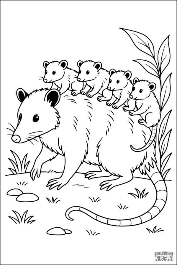 Coloring page of a mother opossum carrying five baby opossums on her back in a forest setting.
