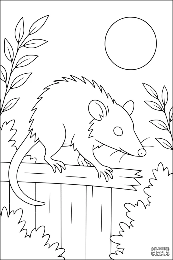 Coloring page featuring an opossum walking on a wooden fence with bushes, leafy branches, and the sun in the background