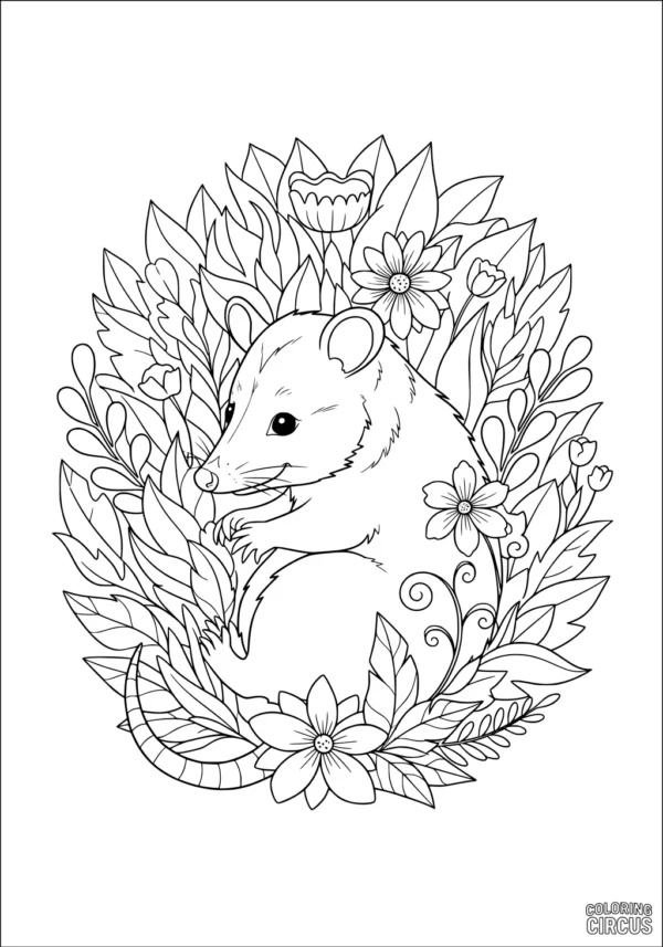 Coloring page featuring a cute opossum surrounded by detailed leaves and flowers